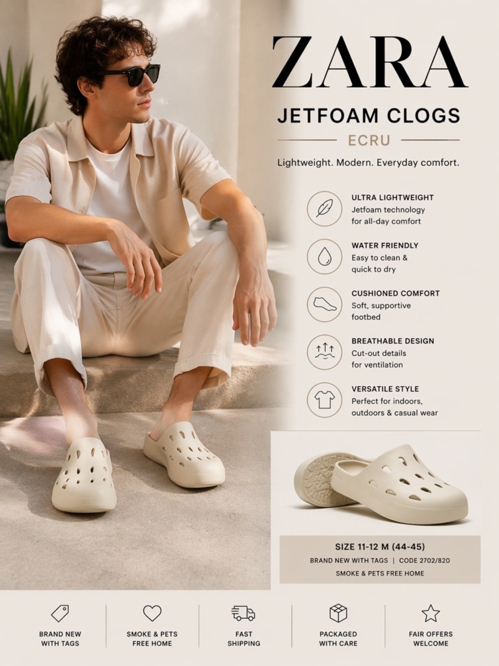 ZARA Ecru Jetfoam Clogs NWT Men’s Size 11 12 Cream Slip On Foam Mule